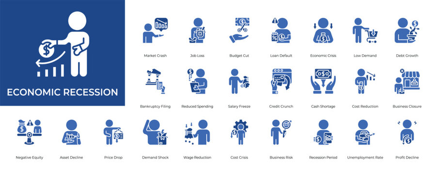 Economic Recession Icon set Collection in Glyph Two Color Style. crisis, inflation, deflation, debt, budget, revenue, profit, market