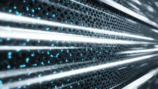Abstract white light streaks moving fast across a perforated dark metal surface creating a seamless loop of technological data flow