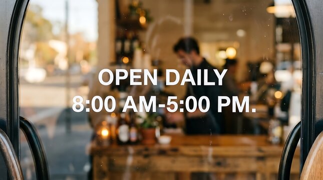 White text on a glass door reading open daily 8:00 am-5:00 pm, with a blurred view of a cafe interior and a barista working behind a counter