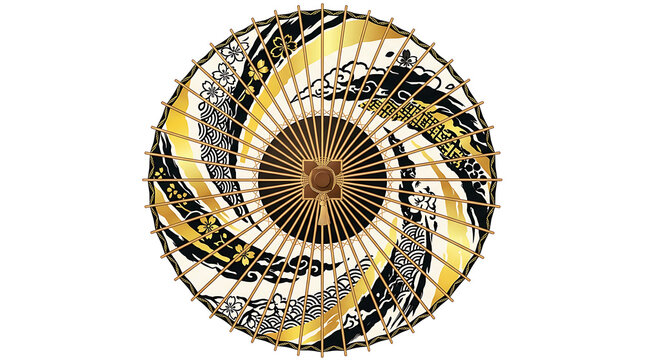 Traditional Japanese wagasa umbrella PNG with gold and black patterns, oriental paper parasol isolated on white background for cultural design. Ai Generated