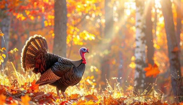 Tom turkey in golden fall woods with sunbeams.