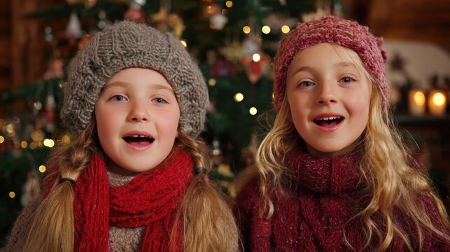 children singing joyful carols by the Christmas tree