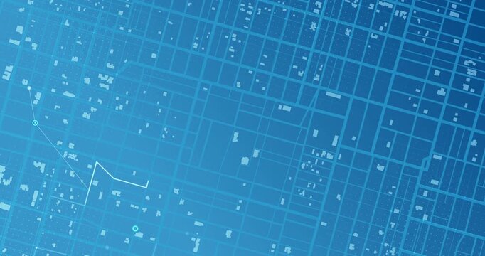 GPS tracking path with target nodes on blue map. Blue Urban Grid Map with Animated Data Connection Lines and Zoom Out
