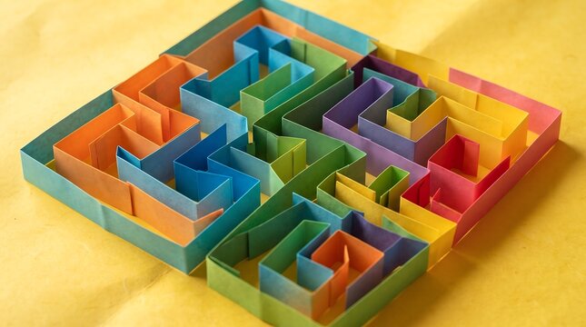 Colorful paper maze structure on yellow surface representing complex pathfinding challenges and difficult strategic planning concepts.
