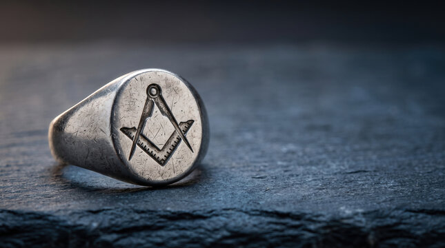 Worn Metal Masonic Signet Ring With Square and Compasses