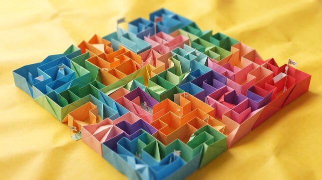 Isometric paper labyrinth game on yellow background with start and end markers illustrating strategic pathfinding for business success.