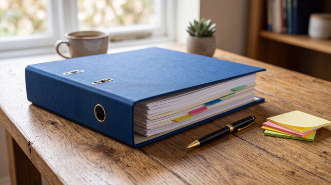 A thick blue ring binder file with colorful index tabs, a pen, and sticky notes on a wooden desk
