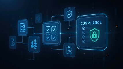 Naklejka premium Compliance and regulatory standards concept with digital icons on dark background