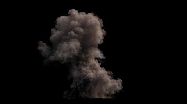 Dense billowing and turbulent cloud in varying shades of gray smoke from an explosion erupts upward and outward on a black background