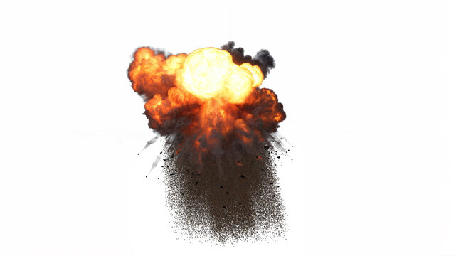 Drone view of blast rises upward with bright orange and yellow flames at its core while dark billowing smoke and scattered debris fan out below on a white background