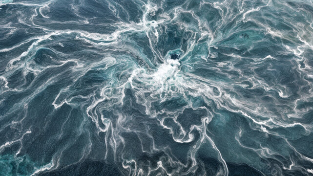 Drone view of a swirling turbulent pattern of white foam on the sea surface radiating outward from a central chaotic aera