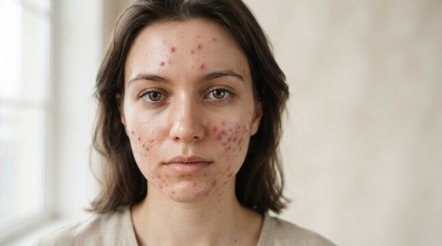 Young woman with acne prone skin looking at the camera in a bright indoor setting