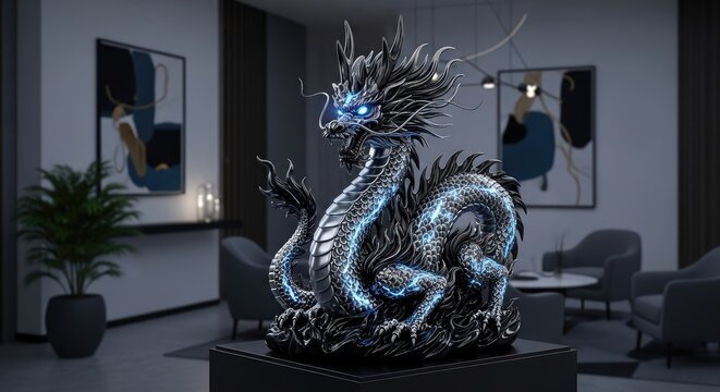 Glowing blue dragon statue in minimalist interior
