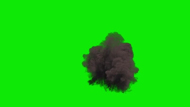 Ground Explosion in varying Yellow and Orange Flames and Dense Grey Smoke with slow dissipation on a perfect green background