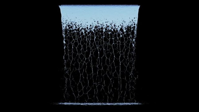 Front view of Flowing Water with a Small Flow from a medium surface source to the ground on a black background