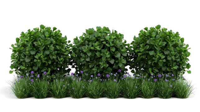 Row of green shrubs with wild grass and flowers. Isolated garden hedge on white background.