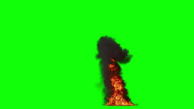 Side View of Medium Oil Fire with Tall Flames in varying Orange and Dense Smoke Plume with fast Dissipation on perfect Green Background