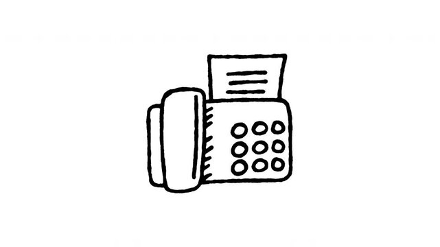 Hand drawn 4K desktop fax machine doodle animation with boiling line movement. Frame by frame line art on black and green screen backgrounds for office telecommunication, document send, and print.