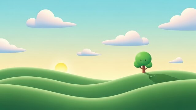 Minimalist cartoon landscape with soft rolling green hills, a single tree, and fluffy clouds under a clear blue sky at sunrise or sunset