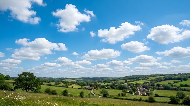 Peaceful countryside landscape with rolling green hills, scattered houses and blue sky with white clouds.