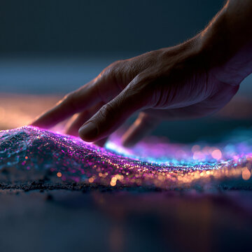 Human hand touching glowing digital particles and light textures