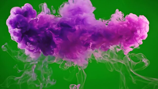 Colorful swirls of purple and pink smoke rising and drifting against a bright green screen background for video overlay