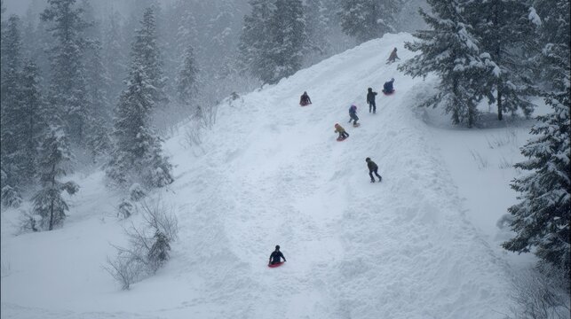 children sledding down snowy hill