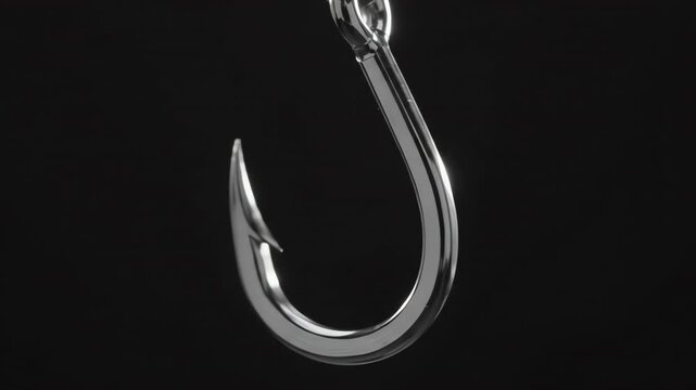 Detailed close-up of a sharp chrome fishing hook with a curved shank and pointed barb rotating slowly in professional studio lighting