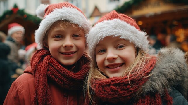 children smiling with Santa hats at Christmas market