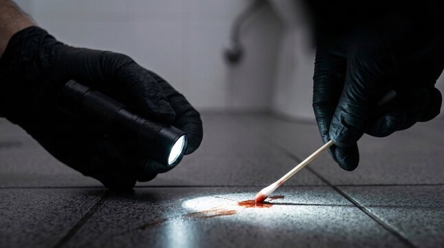 Close-up view of gloved hands holding a UV flashlight beam on a blood splatter while collecting a fluid DNA sample with a sterile cotton swab.