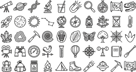 Vector black line icon set of science research geology fossils biology laboratory and exploration tools isolated on white background © Mr. Wildan