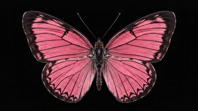 Pink butterfly flapping wings slowly on a black background in macro view