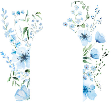 Floral frame with light blue watercolor wildflowers, hand drawn isolated wedding illustration