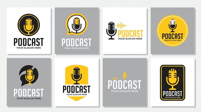 Podcast logo collection vector illustration set featuring microphone icons, radio broadcasting badges, audio wave graphic elements, and sound record label templates on background.