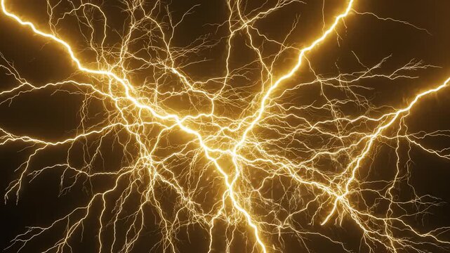 Dynamic yellow lightning electrical bolts flashing across a deep minimalist black background with high contrast motion