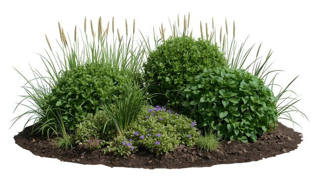 Lush garden shrubs with wild grass and flowers. Isolated green foliage for landscape design.
