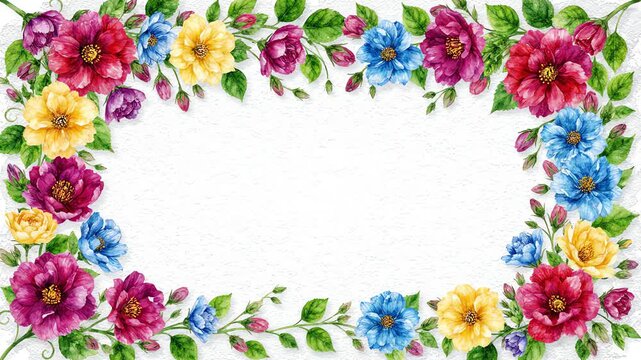Elegant panoramic white background featuring a growing floral border with blooming watercolor flowers and green leaves