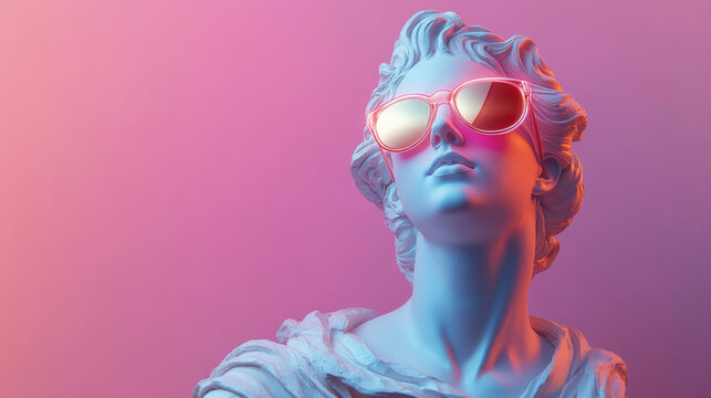 This is a stylized classical bust sculpture dyed light blue, wearing pink reflective sunglasses, set against a smooth gradient pink background, presenting a trendy retro-futuristic visual effect.

