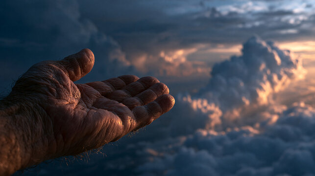Human hand reaching out towards sunset clouds from above with spiritual
