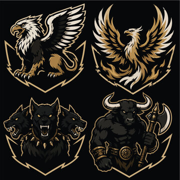 Mythical Creature Mascot Logo Set: Griffin Phoenix Cerberus Minotaur