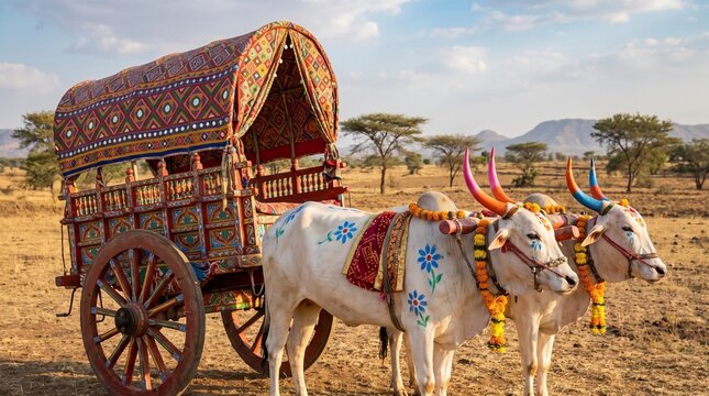 Authentic Kharchi Puja Bullock Cart with Floral Designs in Rural Wheat Field Featuring Harvest Festival Vibes for Seasonal Marketing and Social Media