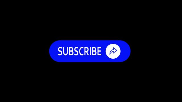 Animated blue rounded pill button with Subscribe text and a white arrow icon on a black background, ideal for channel growth and video overlay call to action.