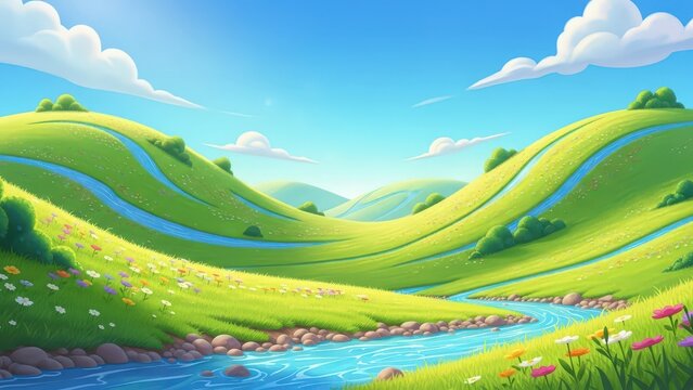 Vibrant cartoon landscape with a winding river flowing through lush green rolling hills filled with colorful wildflowers under a blue sky