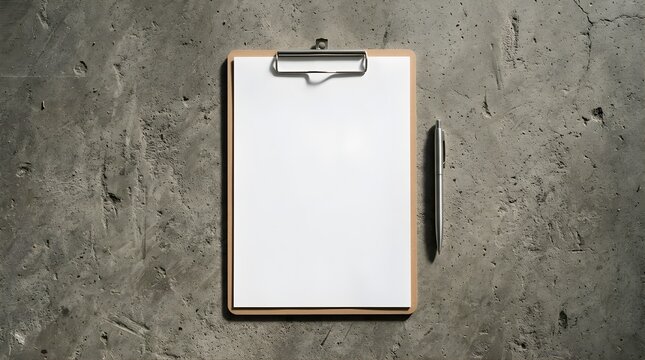 Wooden clipboard with blank white paper and metal pen on concrete desk