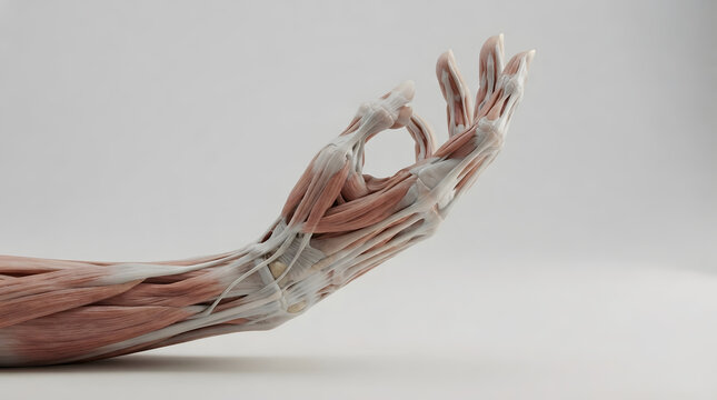 Human Hand Muscle Anatomy Showing Precision OK Gesture Isolated on Gray Background