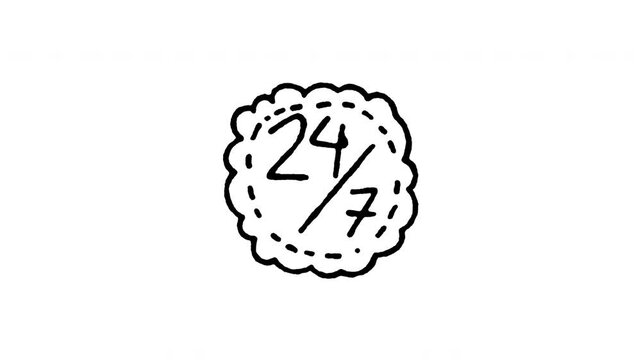 4K hand drawn 24/7 availability round sign doodle icon. Features frame by frame line art on black and green screen background for round-the-clock service, open support, and help desk edits.