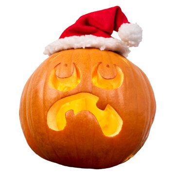 Sad Halloween Pumpkin Looking up at Santa Hat Illustrating Dismay at Early Christmas Marketing on Transparent Background