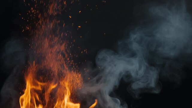 薄い煙の中を上昇する橙色の火の粉と炎の暗い映像