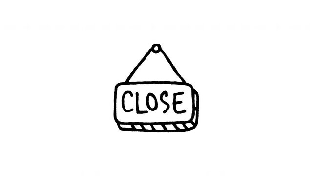 Animated 4K closed store sign board doodle icon with line boil effect. Hand drawn line art on black and green screen backgrounds for shop closed, business hours, door hanging, and store edits.