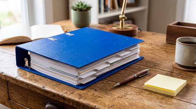 A closed blue lever arch file with organized papers, accompanied by a pen and a stack of memo notes on a rustic wooden table.